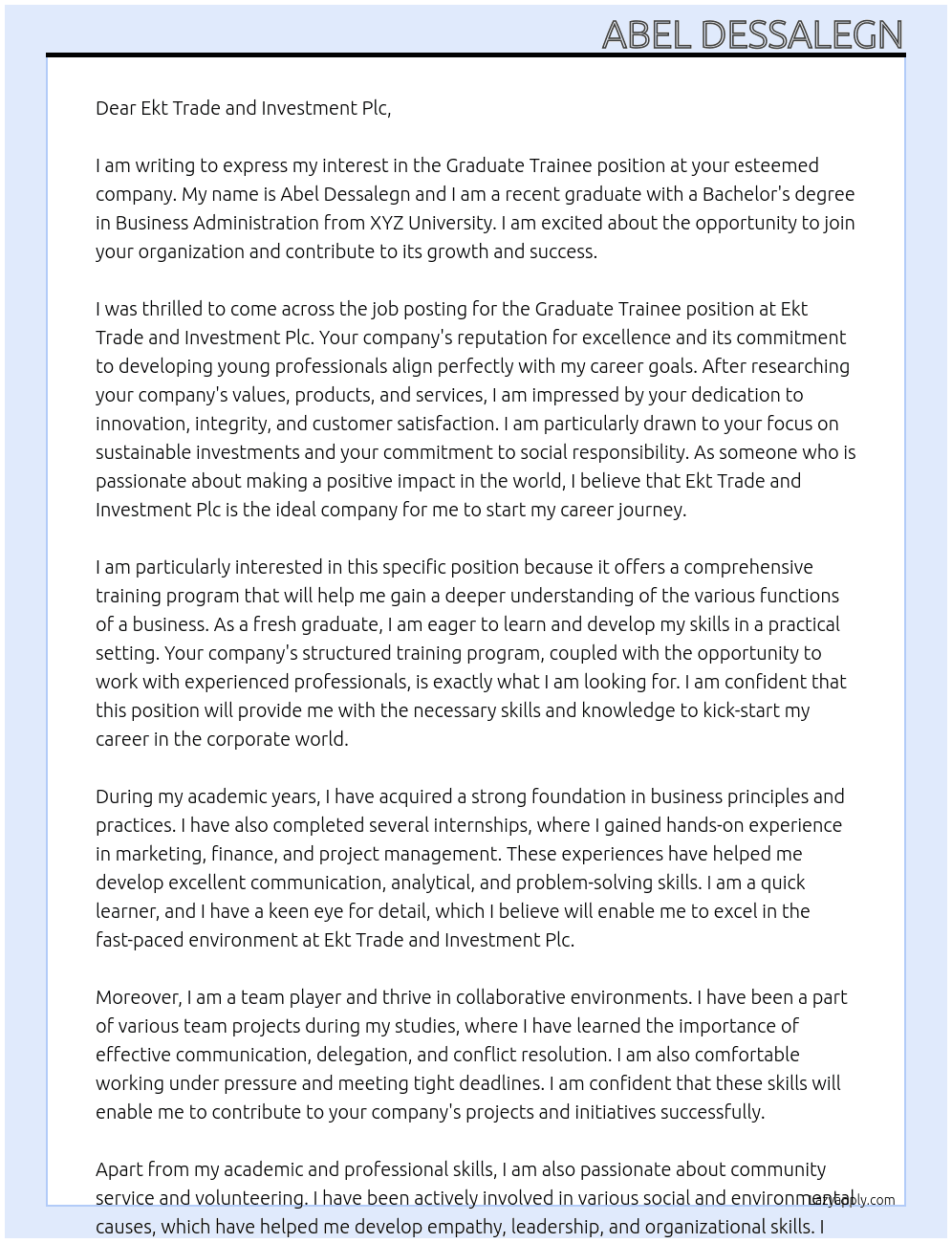 Graduate trainee At Ekt trade and investment plc Cover Letter