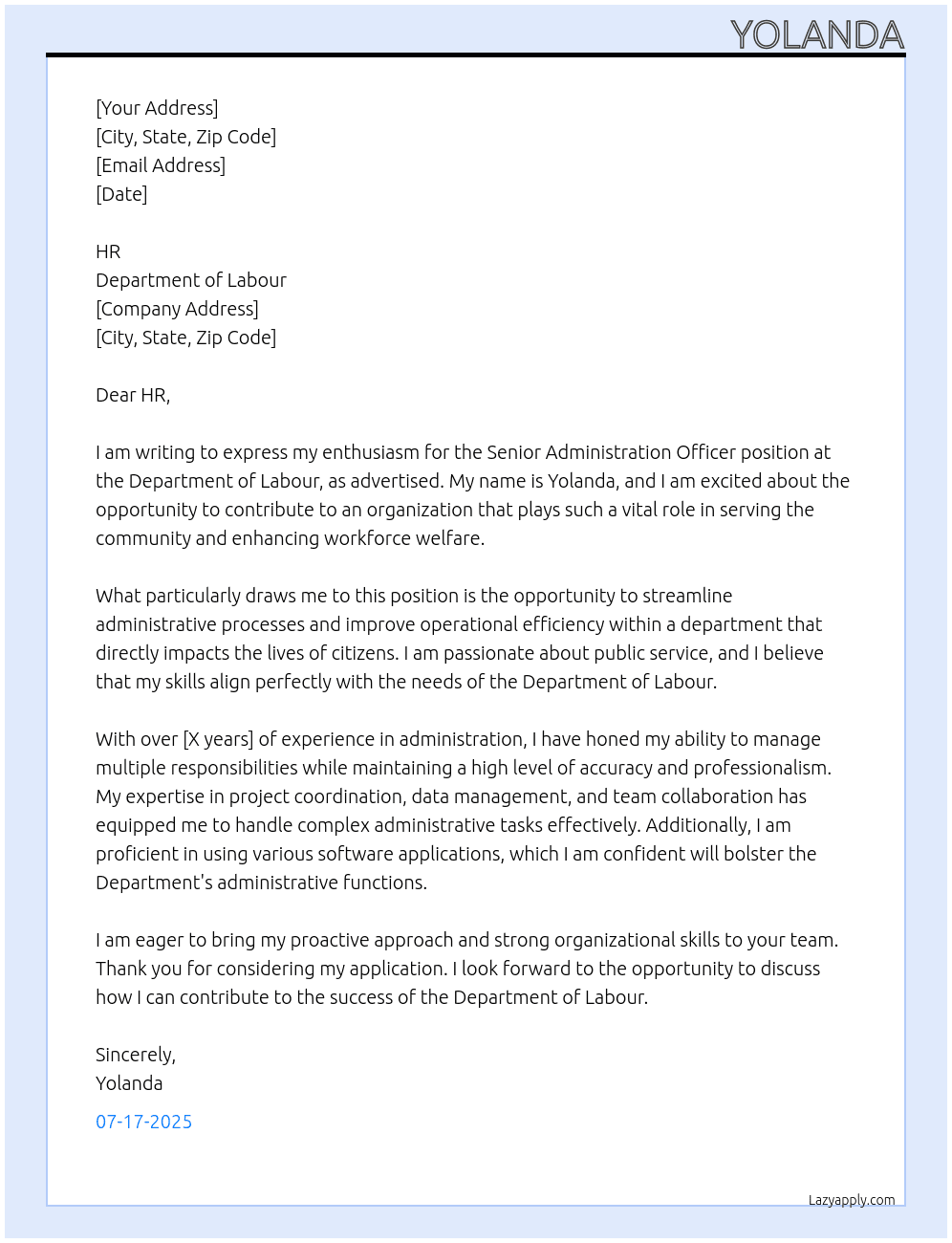 Cover letter for seniour administation officer - LazyApply