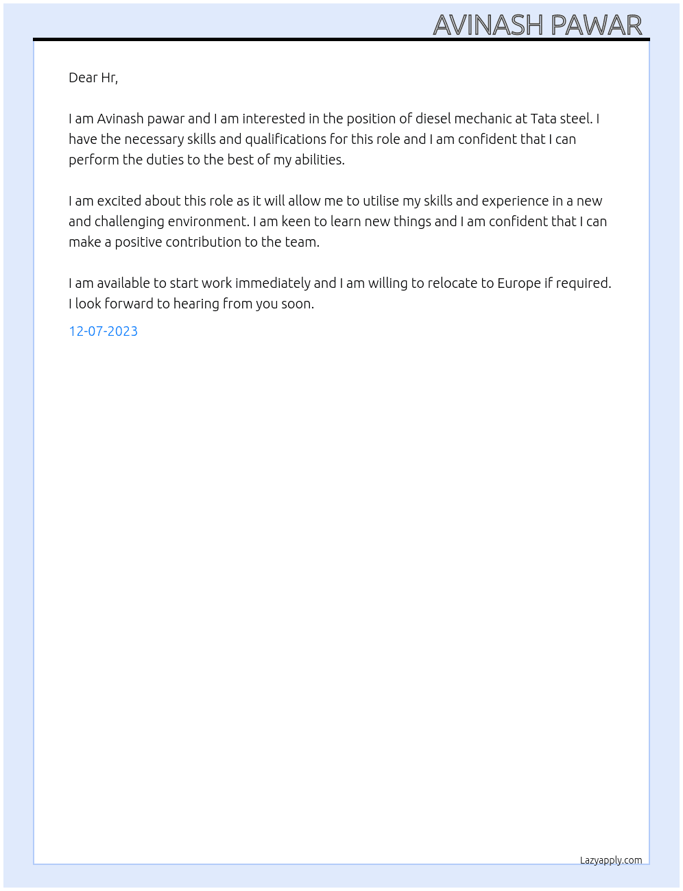 Diesel mechanic  At Tata steel  Cover Letter
