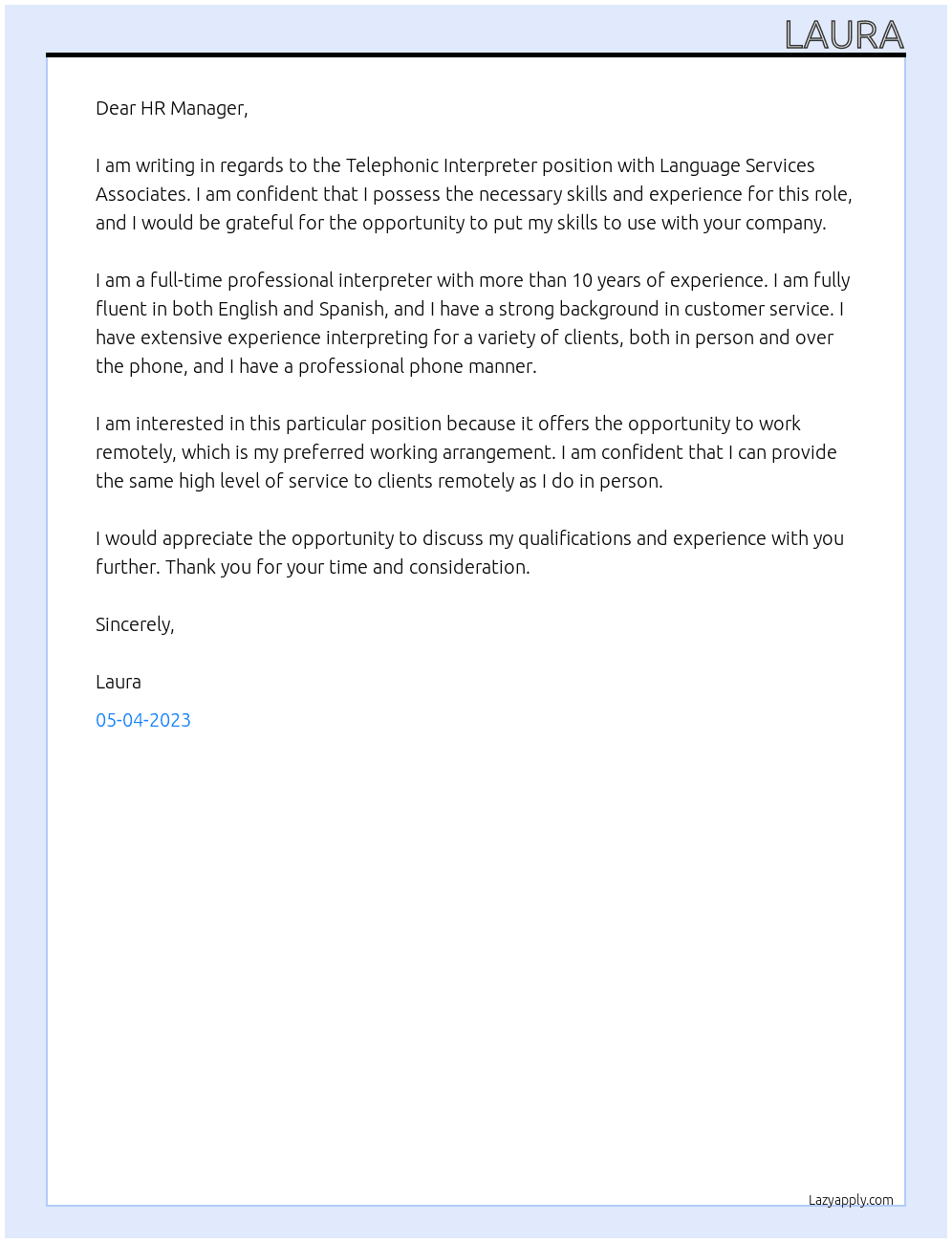 Telephonic Interpreter At Language Services Associates  Cover Letter