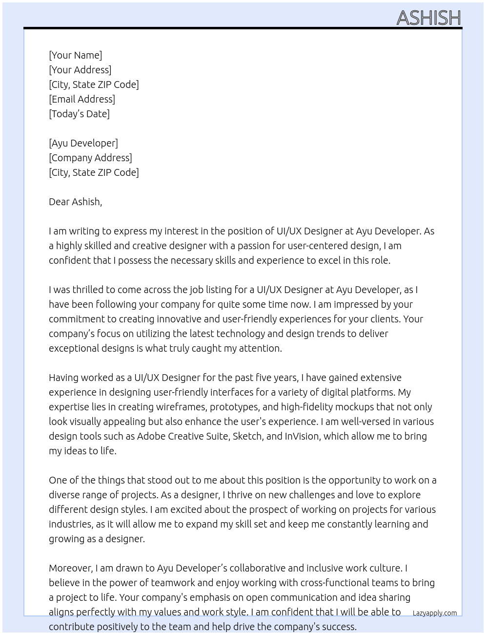 uiux designer At Ayu Developer Cover Letter