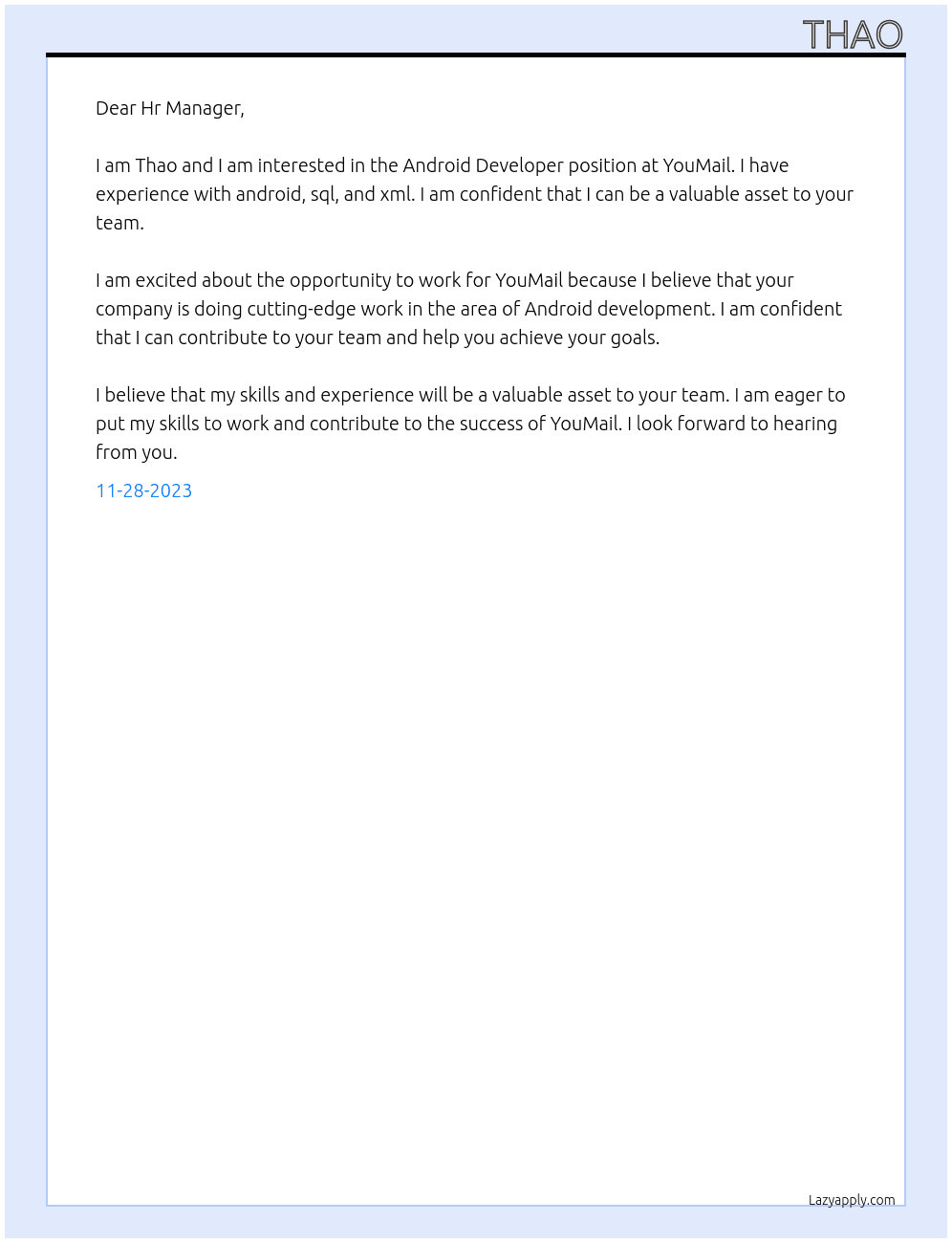 Android Developer At YouMail Cover Letter