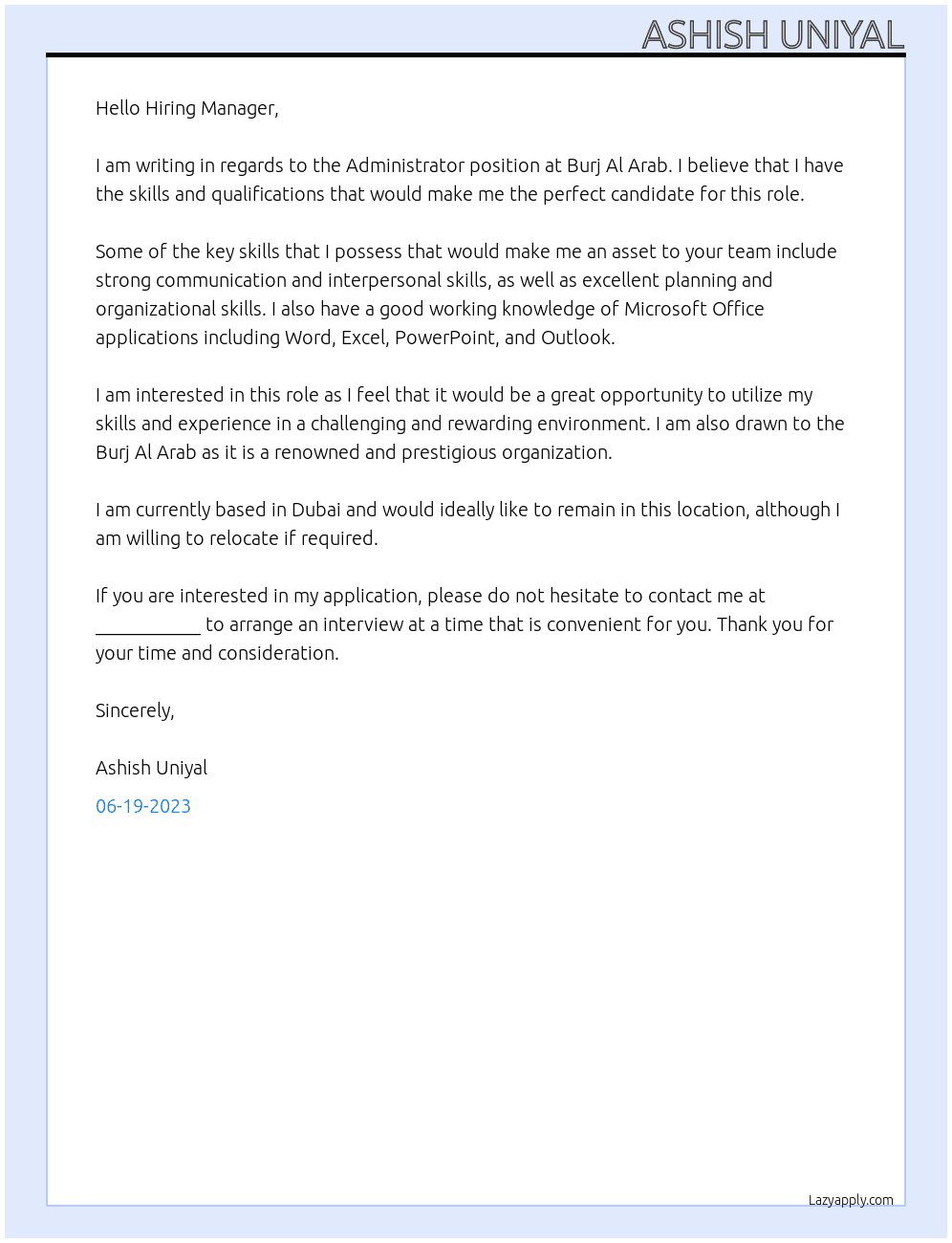 Administrator  At Burj Al Arab Cover Letter