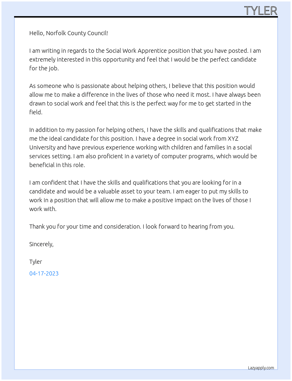 Social Work Apprentice At Norfolk County Council Cover Letter