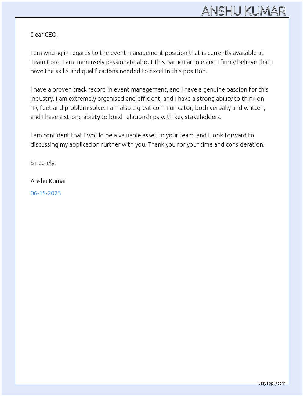 event management  At team core  Cover Letter
