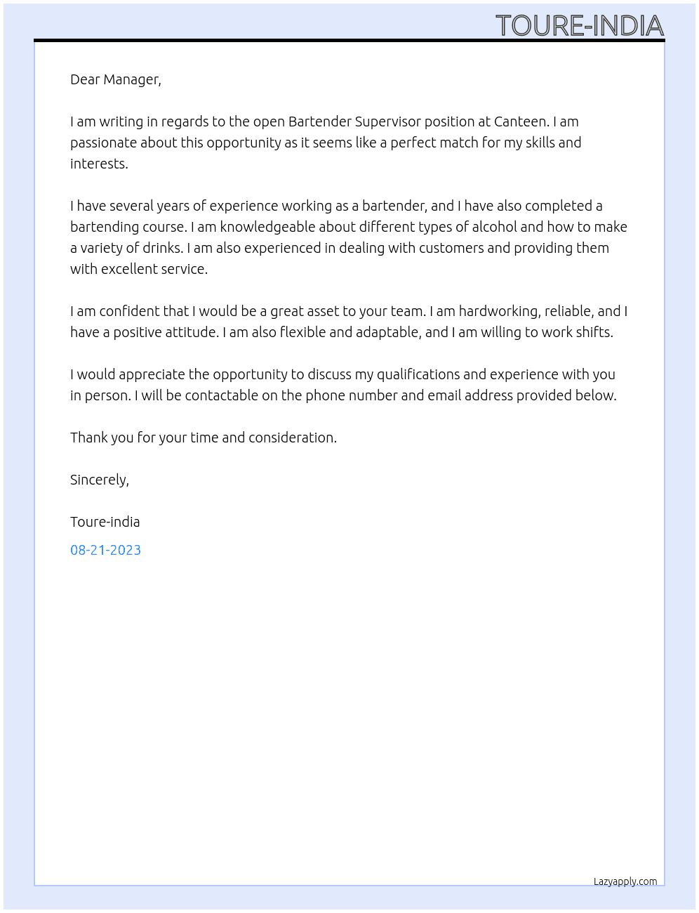 bartender Supervisor At Canteen  Cover Letter