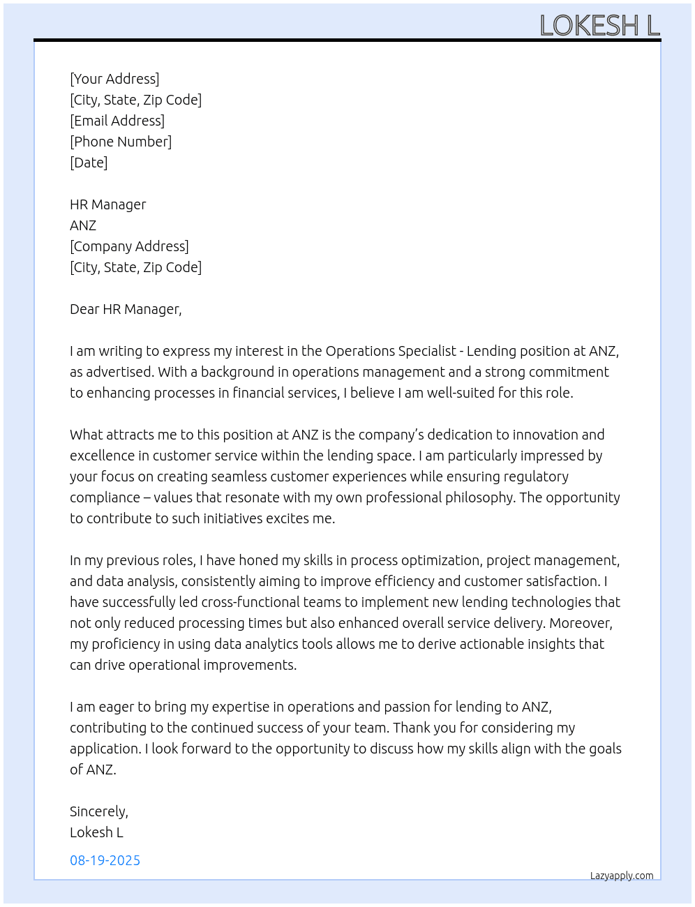 Operations specialist lending At ANZ Cover Letter