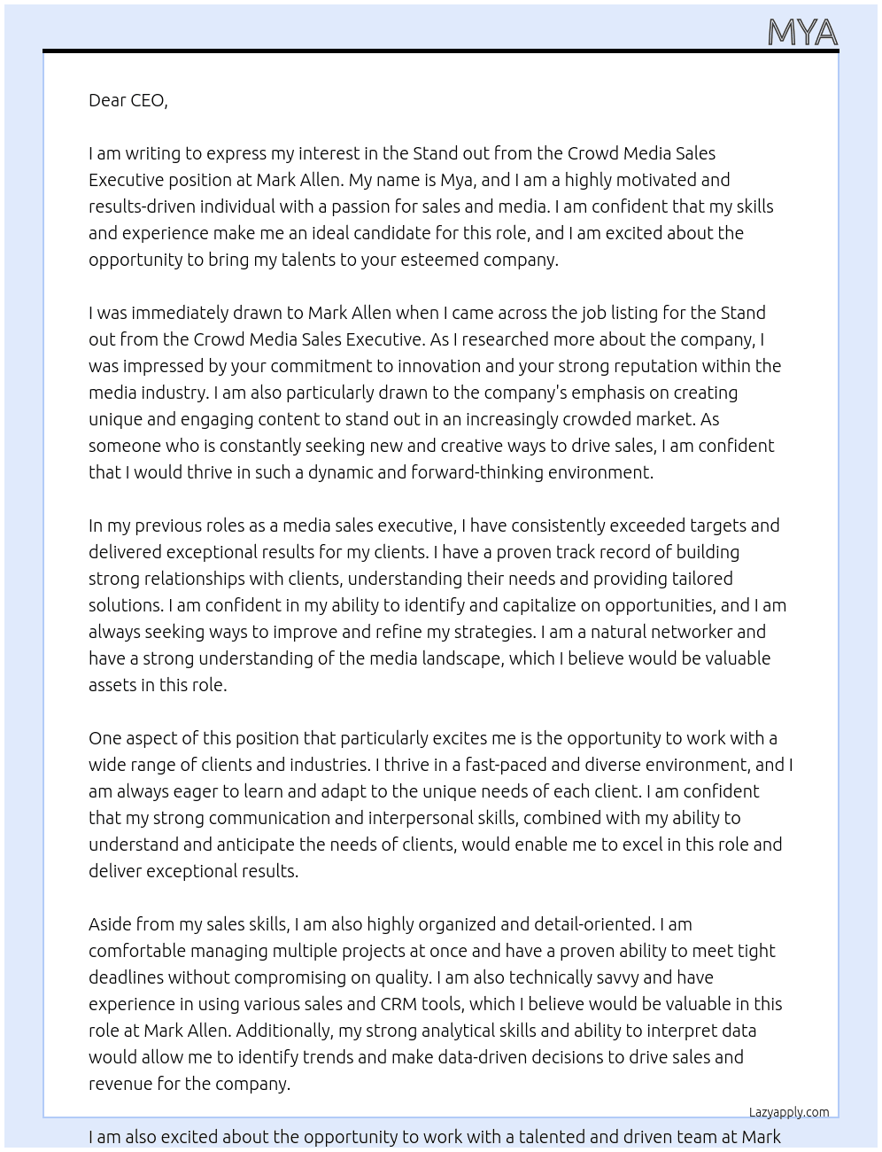 Stand out from the crowd media sales executive At Mark allen Cover Letter
