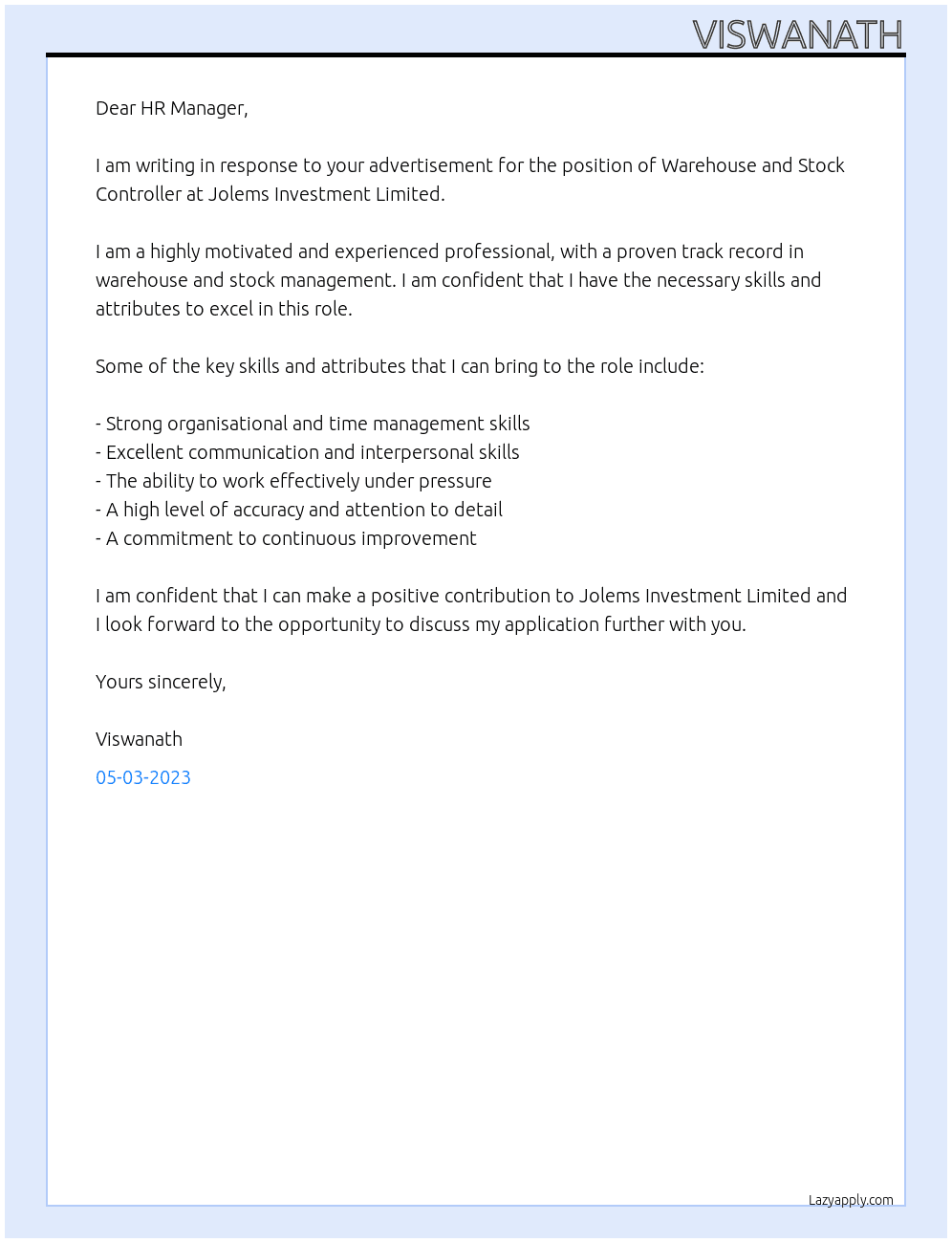 Warehouse and stock controller  At Jolems Investment Limited  Cover Letter