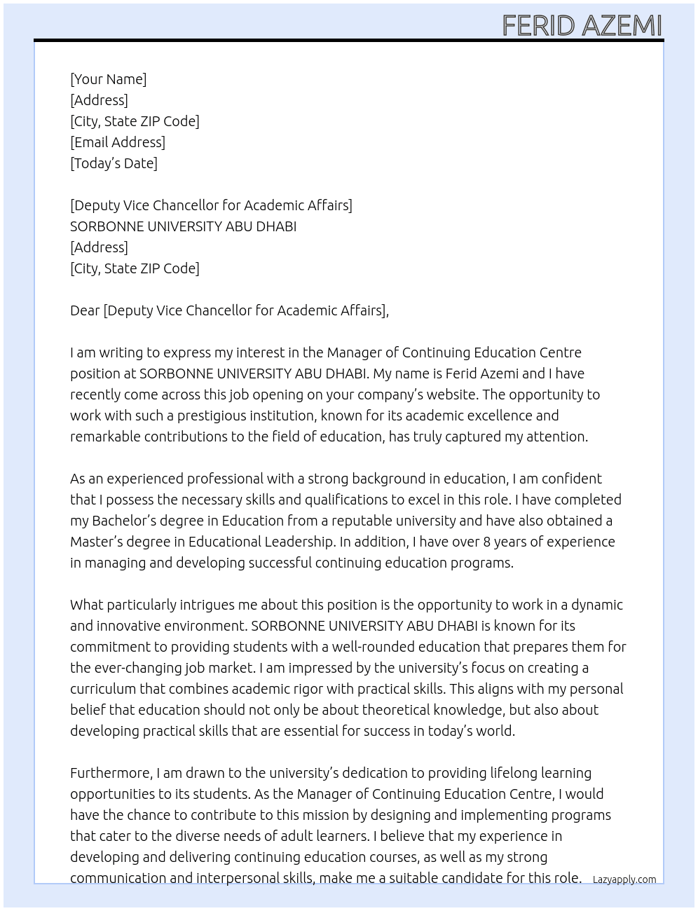 Manager of Continuing Education Centre At SORBONNE UNIVERSITY ABU DHABI Cover Letter