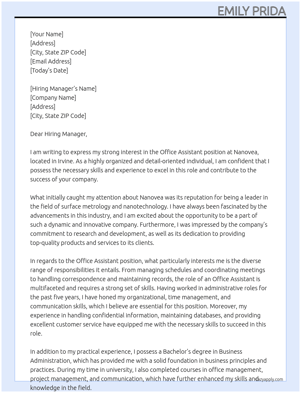 Office Assistant  At Nanovea Cover Letter
