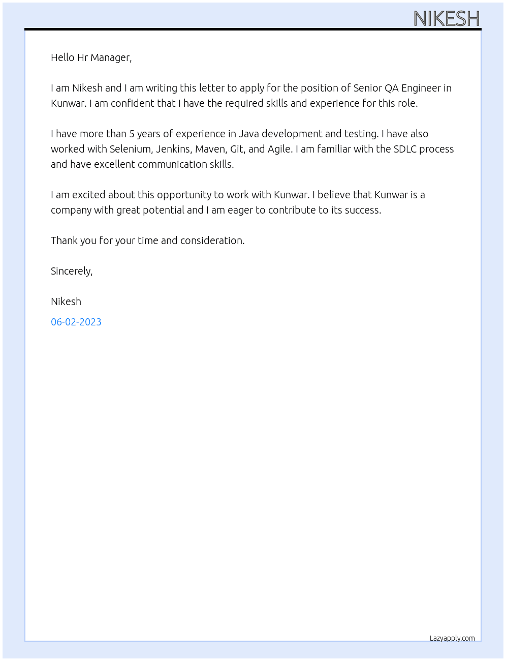 Senior QA Engineer At Kunwar Cover Letter