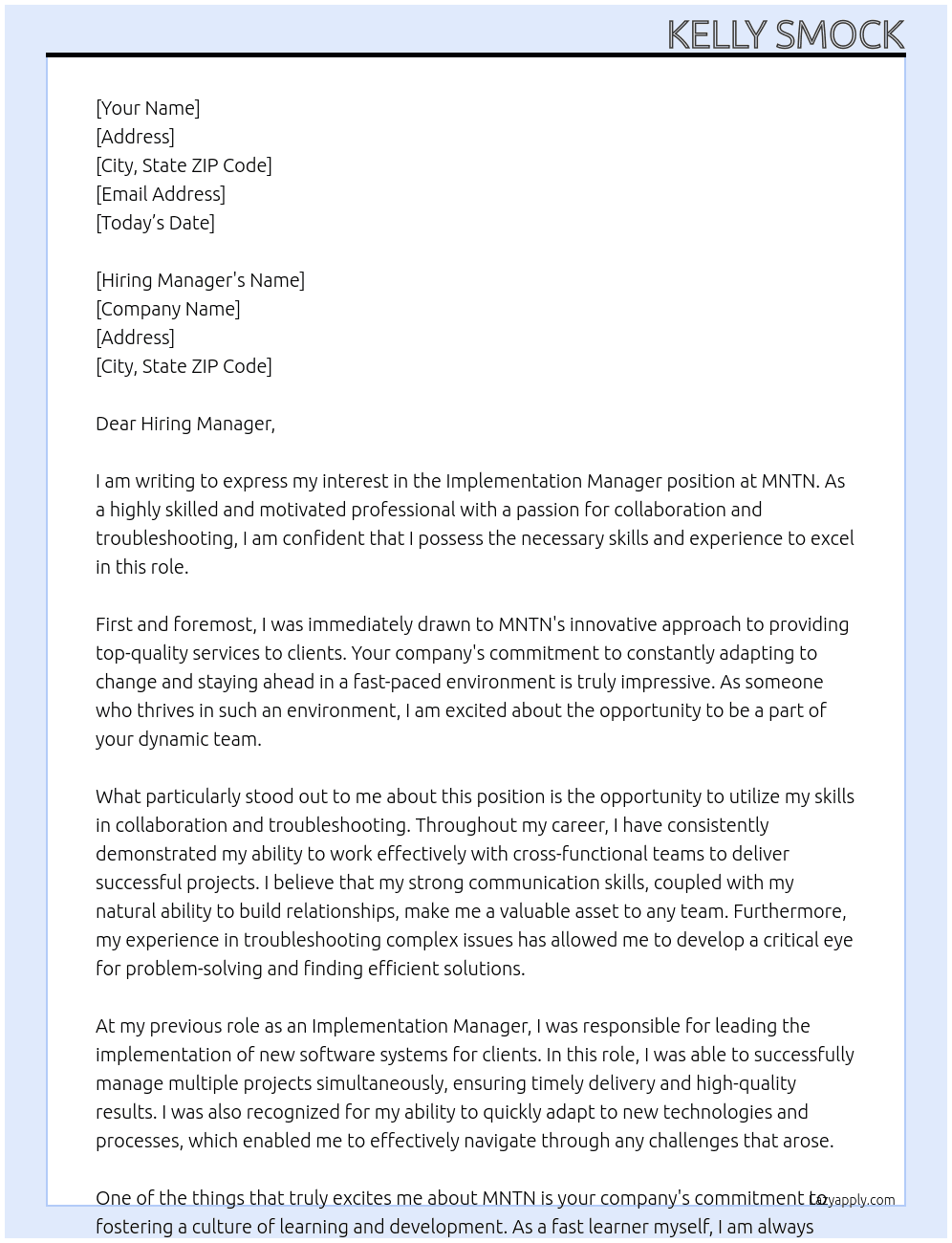 Implementation Manager At MNTN Cover Letter