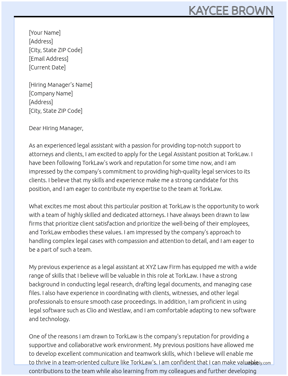 Legal Assistant  At TorkLaw Cover Letter