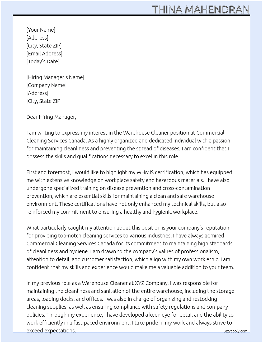 Warehouse Cleaner At Commercial Cleaning Services Canada Cover Letter
