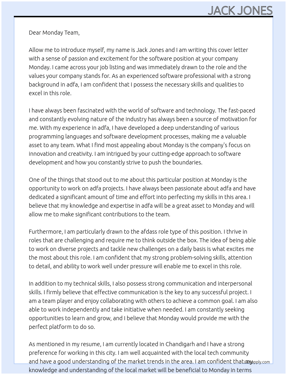 software At MONDAY Cover Letter