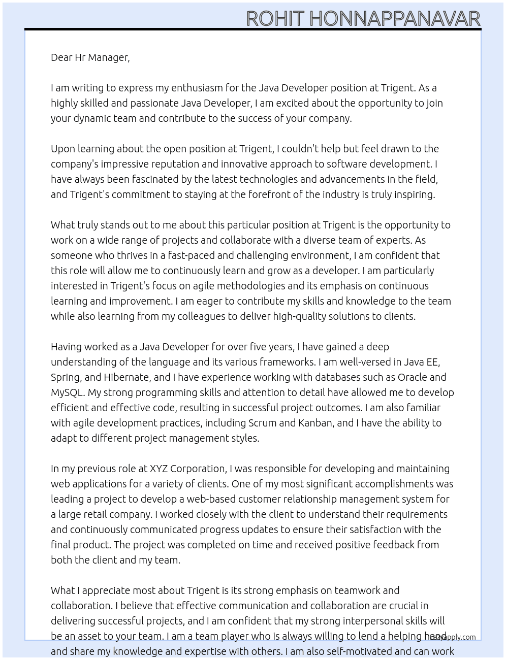 Java Developer At Trigent Cover Letter