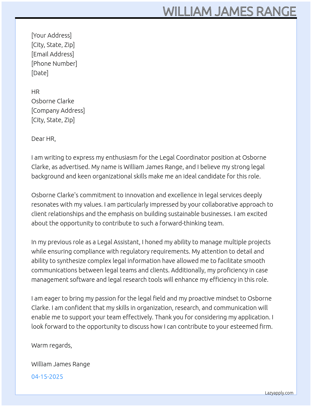 Legal Coordinator At Osborne Clarke Cover Letter