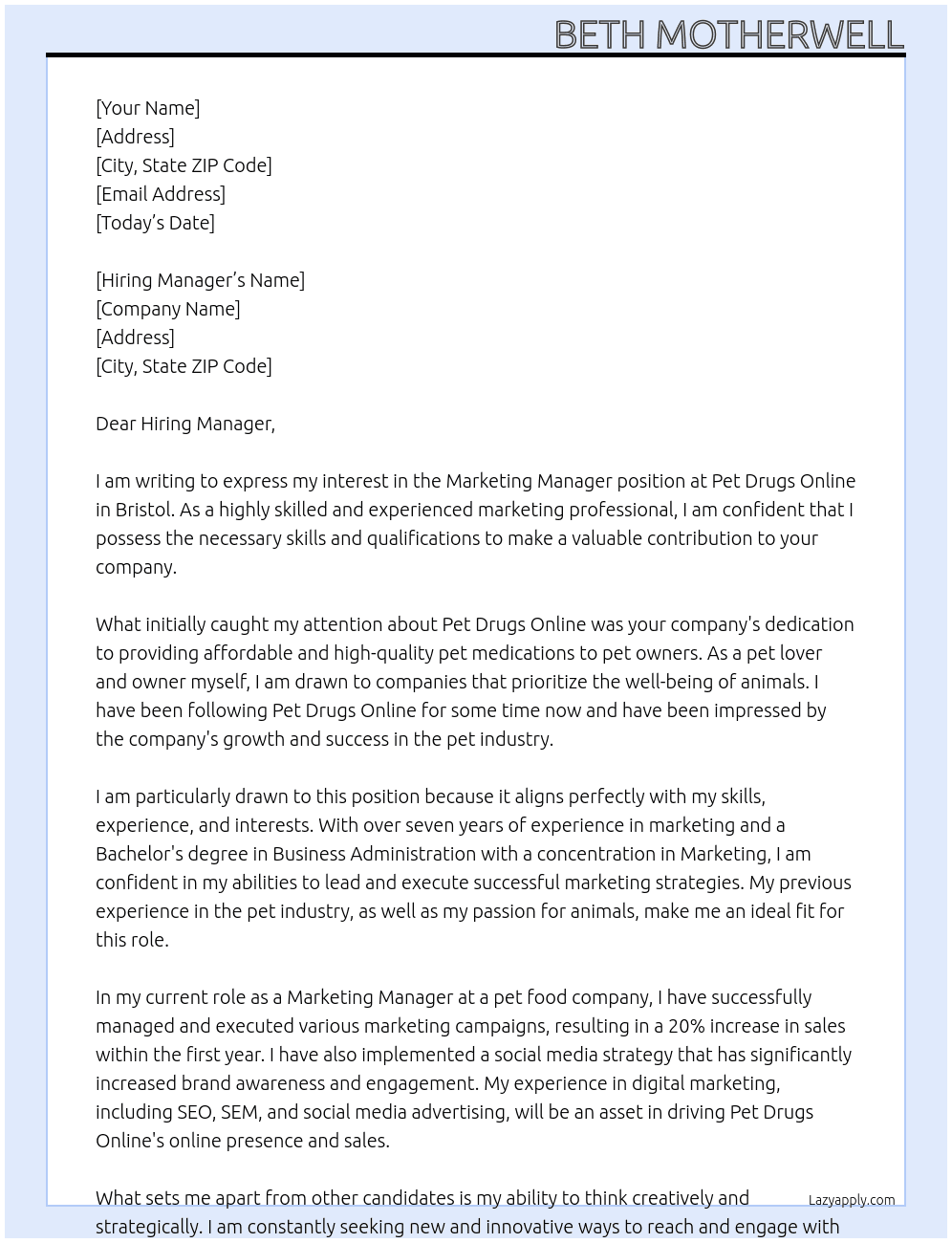 Marketing Manager At Pet Drugs Online Cover Letter