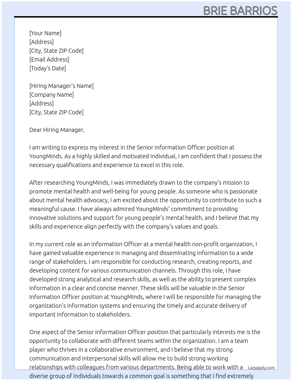 Senior Information Officer At YoungMinds Cover Letter