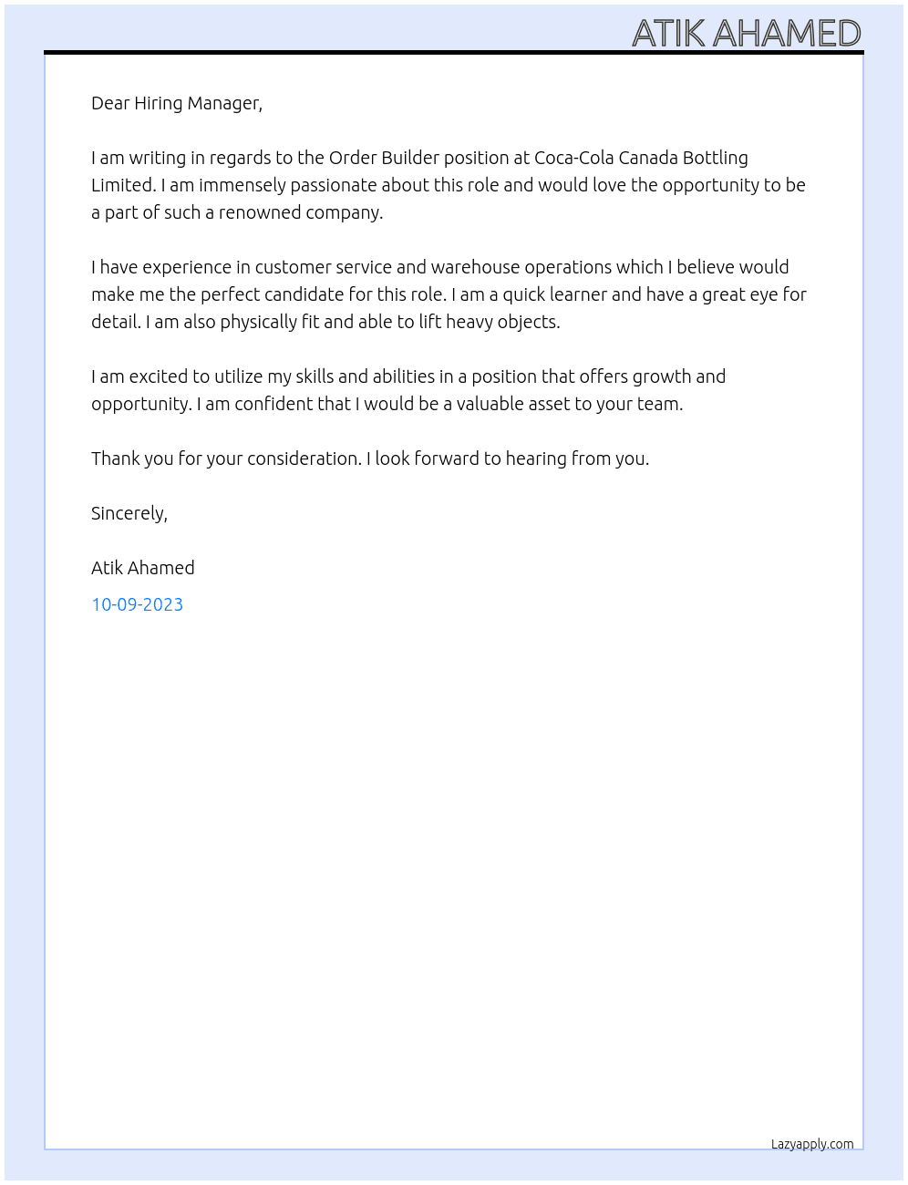 Order Builder At Coca-Cola Canada Bottling Limited Cover Letter