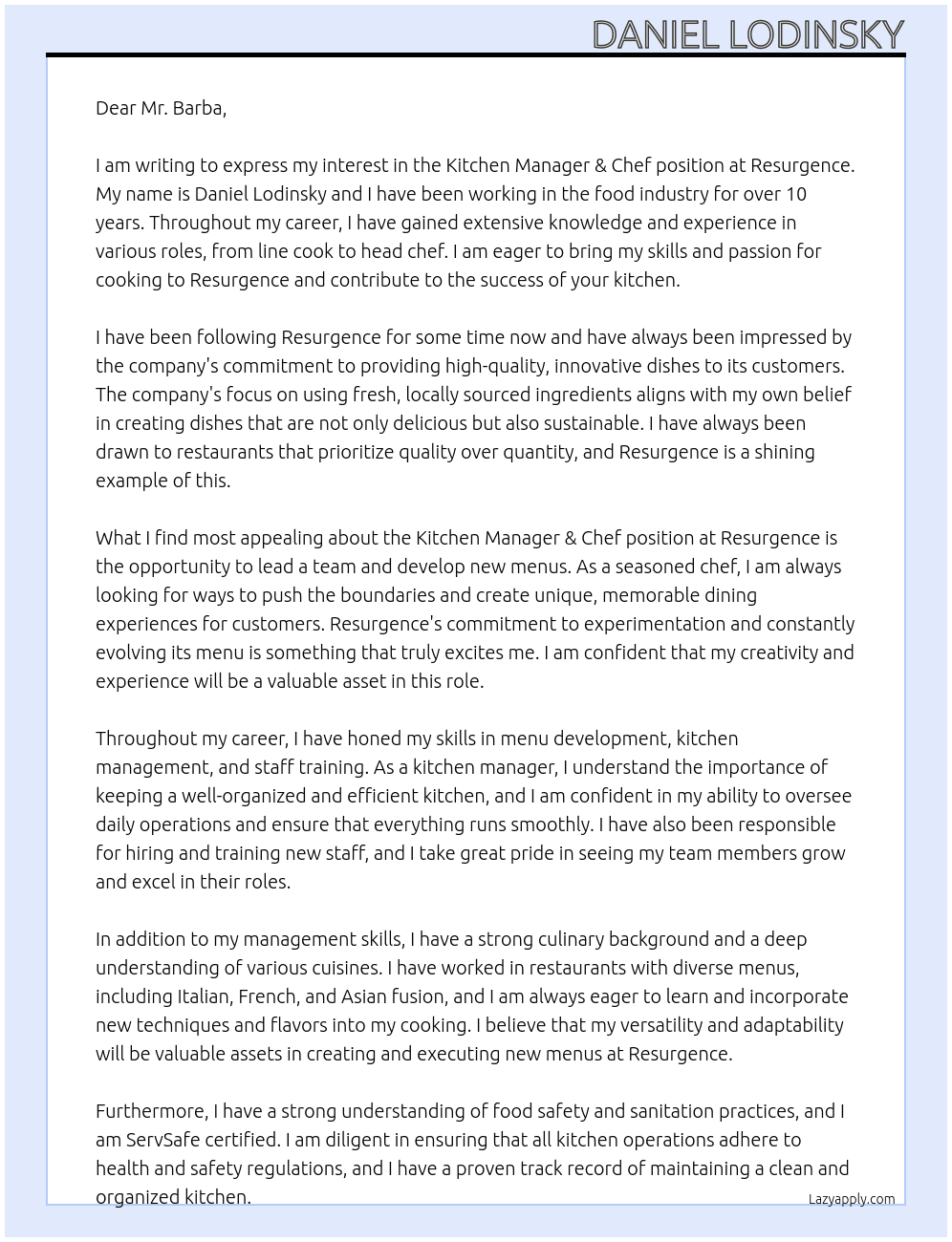 Kitchen manager & Chef At Resurgence  Cover Letter