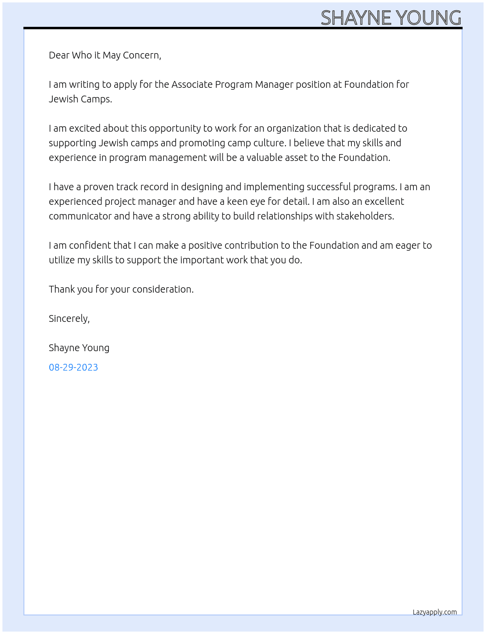 Associate Program Manager At Foundation for Jewish Camps Cover Letter