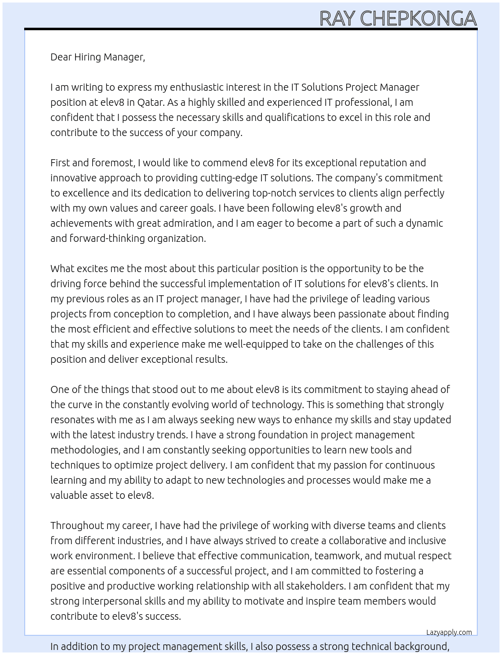 IT Solutions Project Manager At elev8 in Qatar Cover Letter