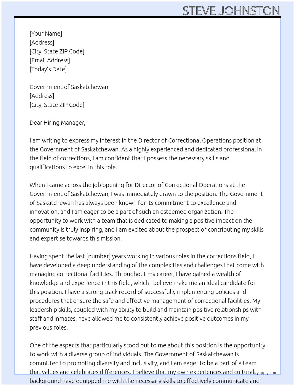 Director of Correctional Operations At Governement of Saskatchewan Cover Letter