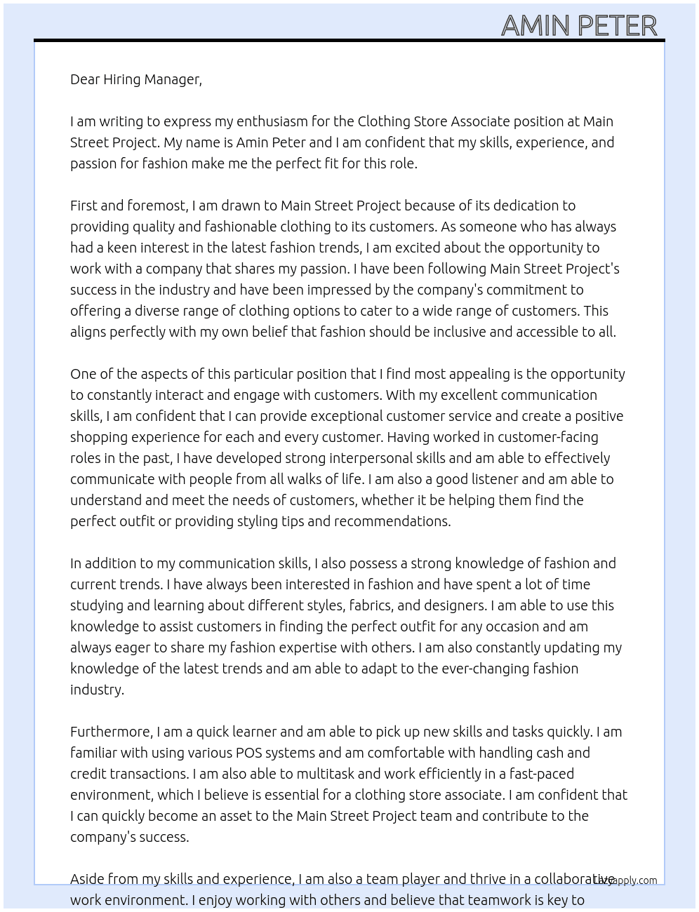Clothing store associate  At Main Street project Cover Letter