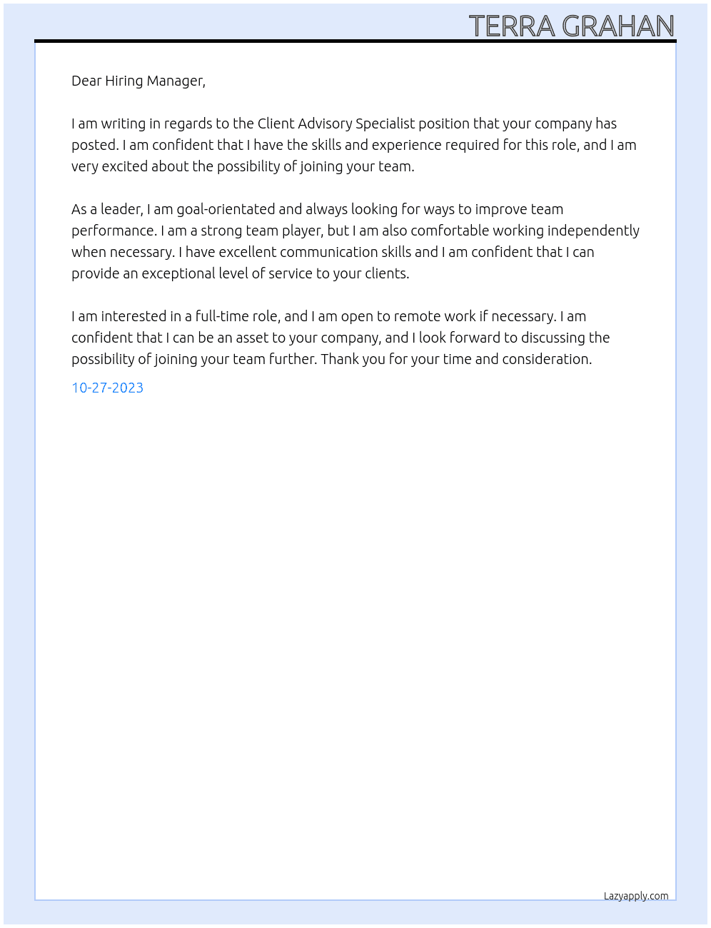 Client Advisory Specialist At Potential Employer Cover Letter