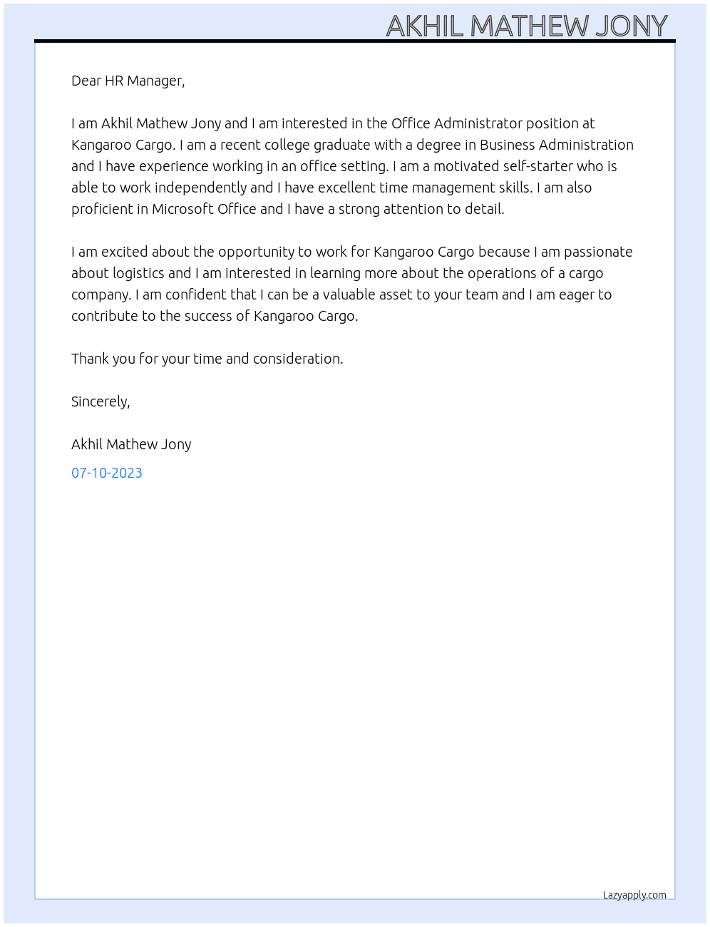 Office Administrator At Kangaroo Cargo Cover Letter