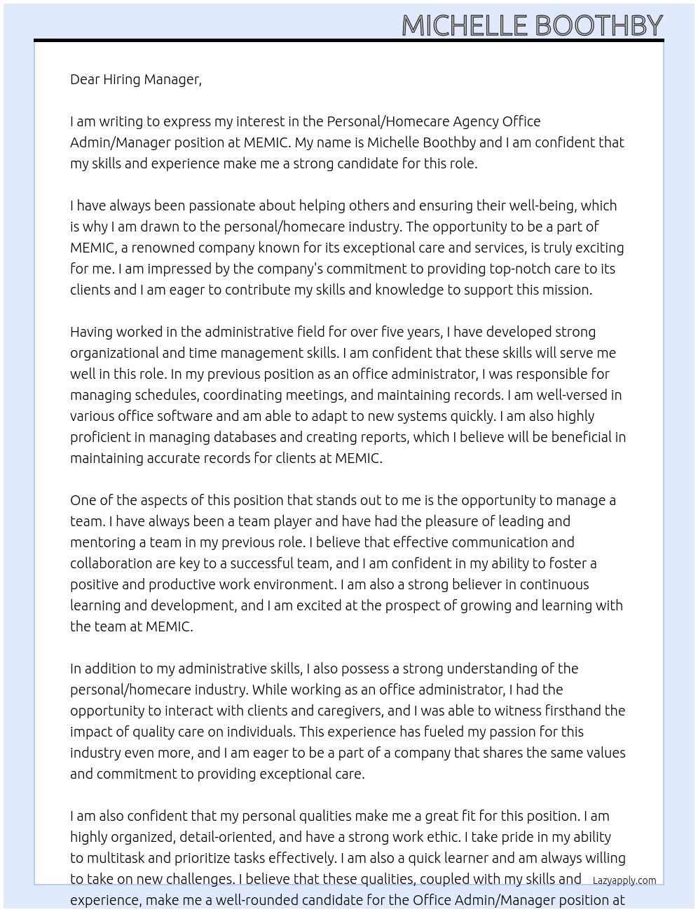 personal/homecare agency Office Admin/Manager At MEMIC Cover Letter