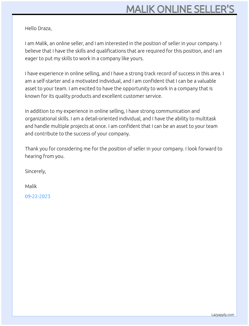 Seller  At Draza Cover Letter