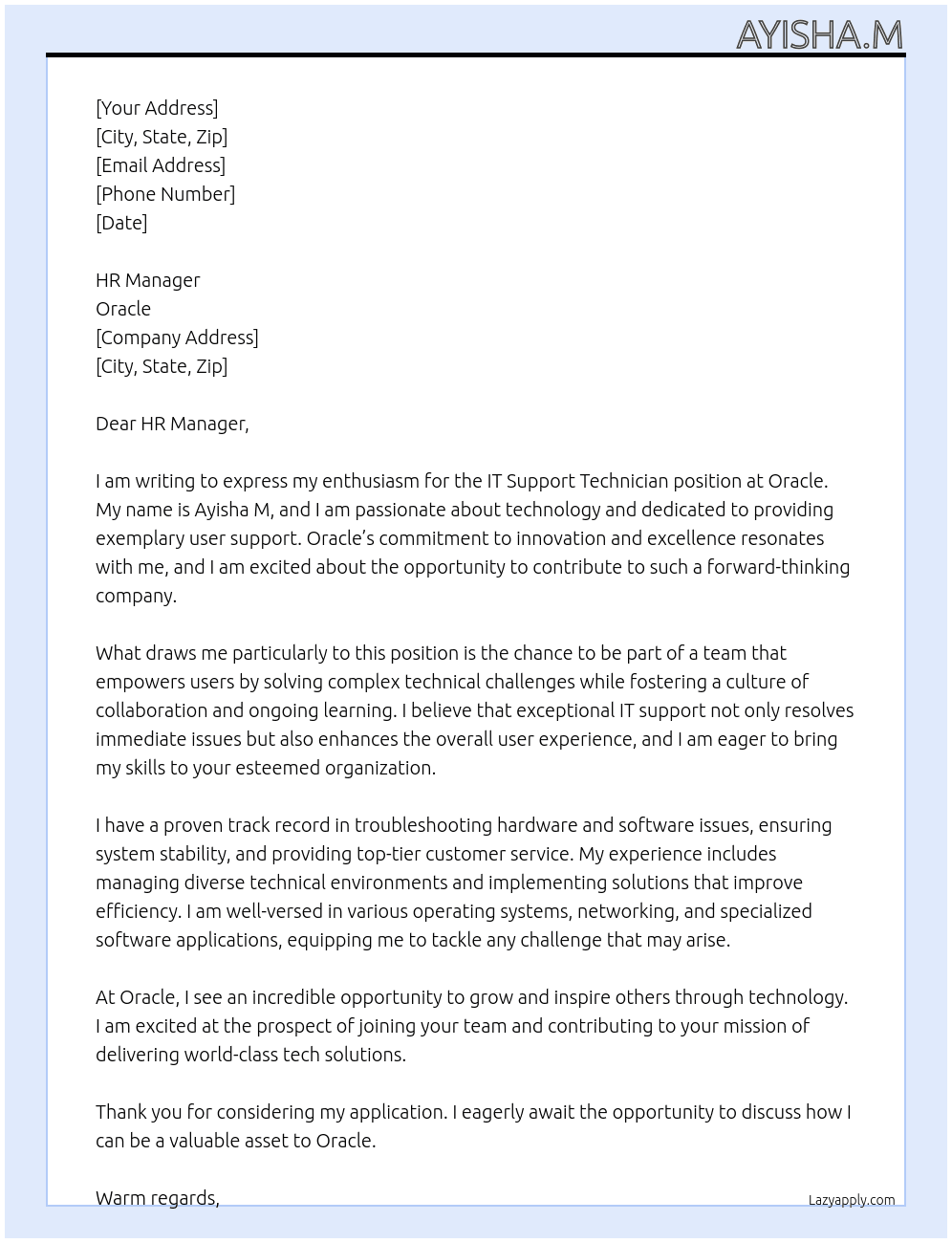 Cover letter for it support technician - LazyApply