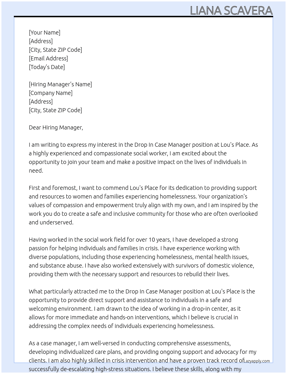 Drop In Case Manager At Lou's Place Cover Letter