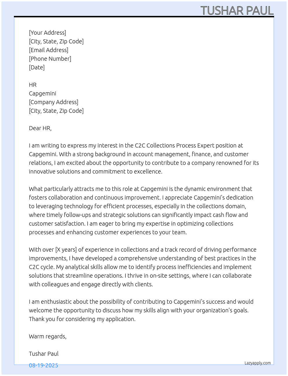 Cover letter for c2c collections process expert - LazyApply