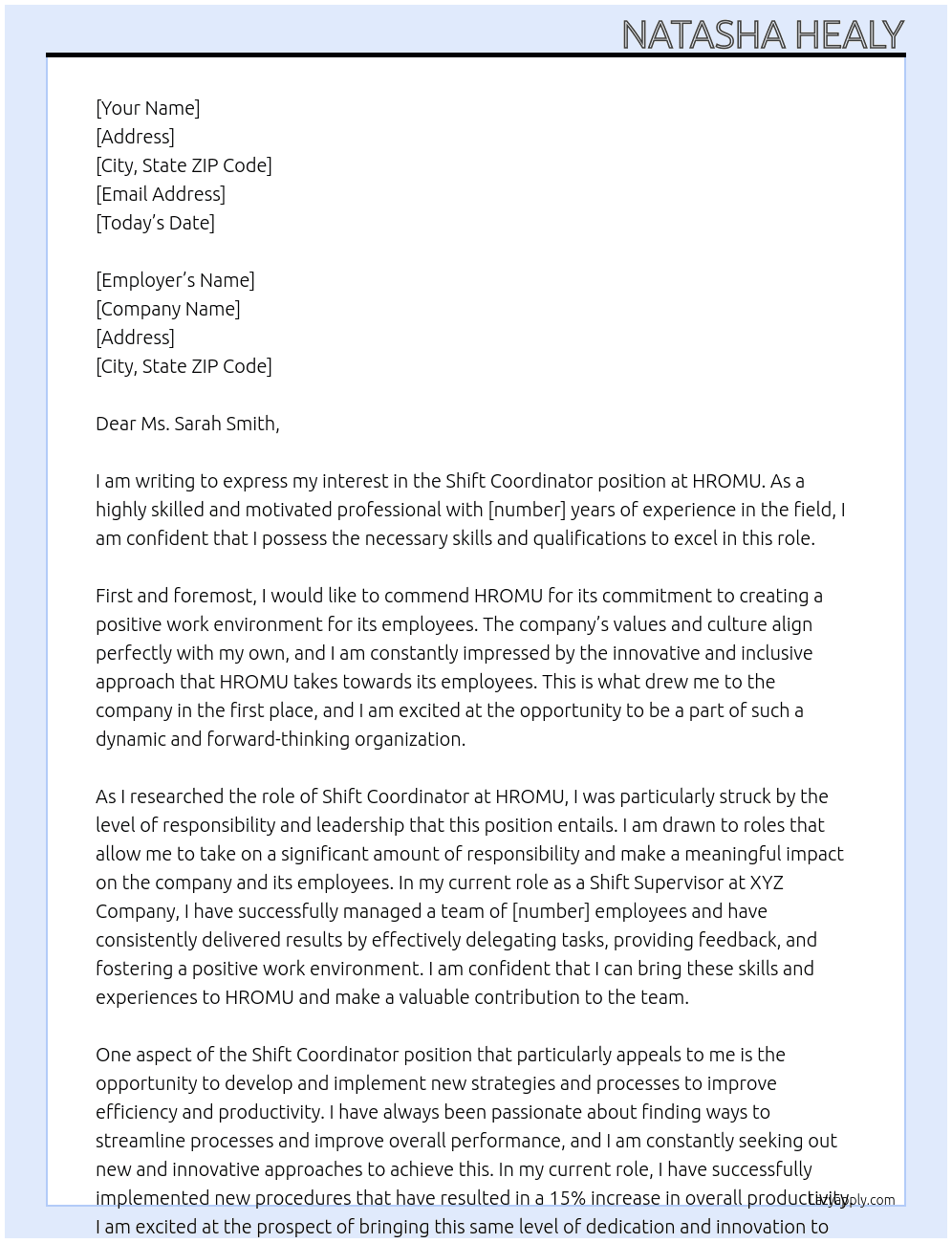 Shift Coordinator At HROMU Cover Letter
