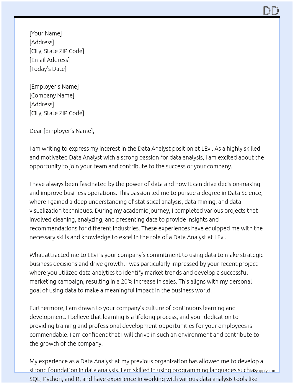 Data Analyst At LEvi Cover Letter