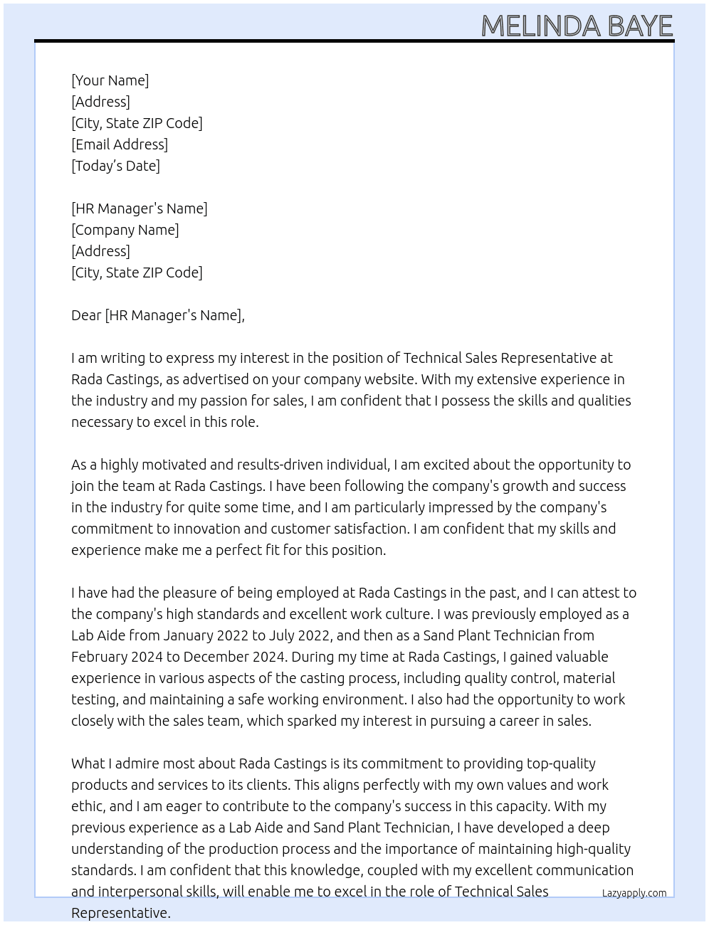 Technical Sales Representative At Rada Castings Cover Letter