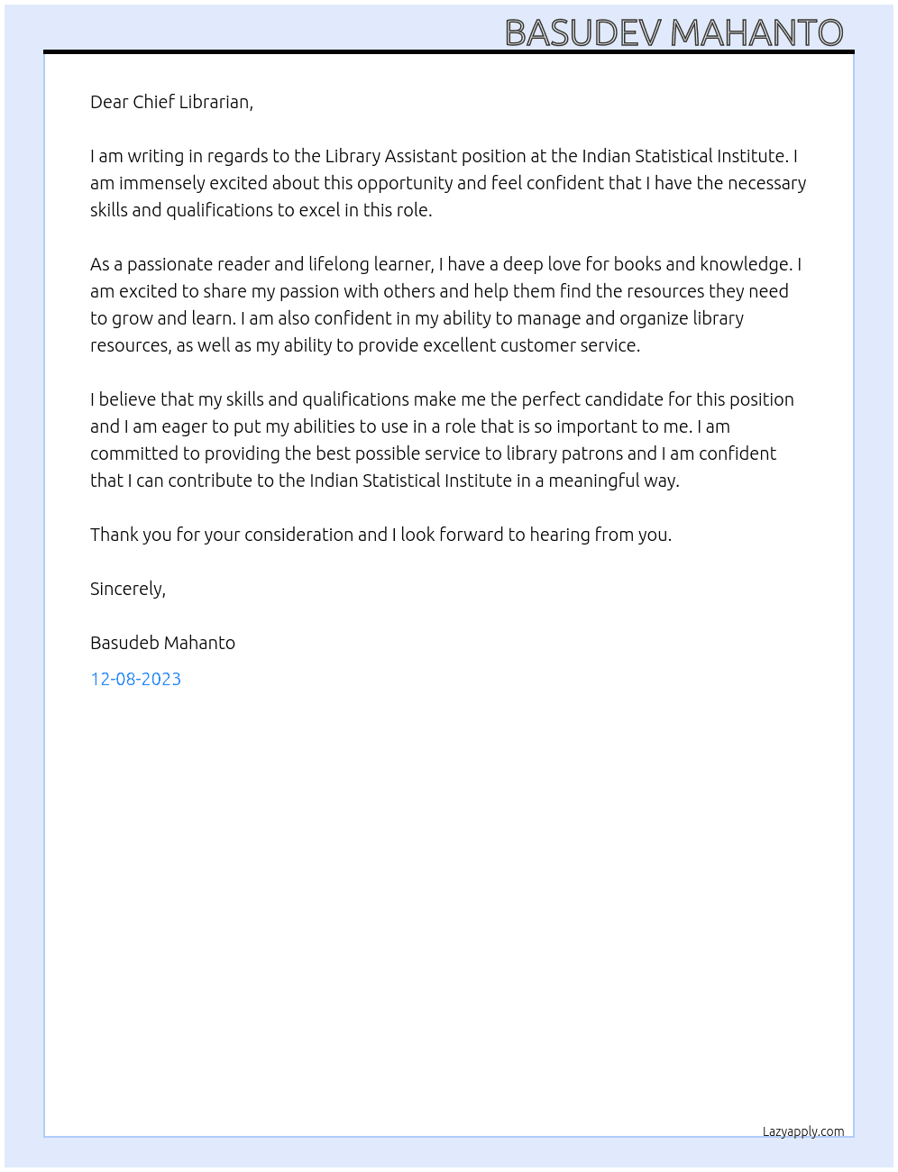 Library Assistant  At INDIAN STASTICAL INSTITUTE  Cover Letter