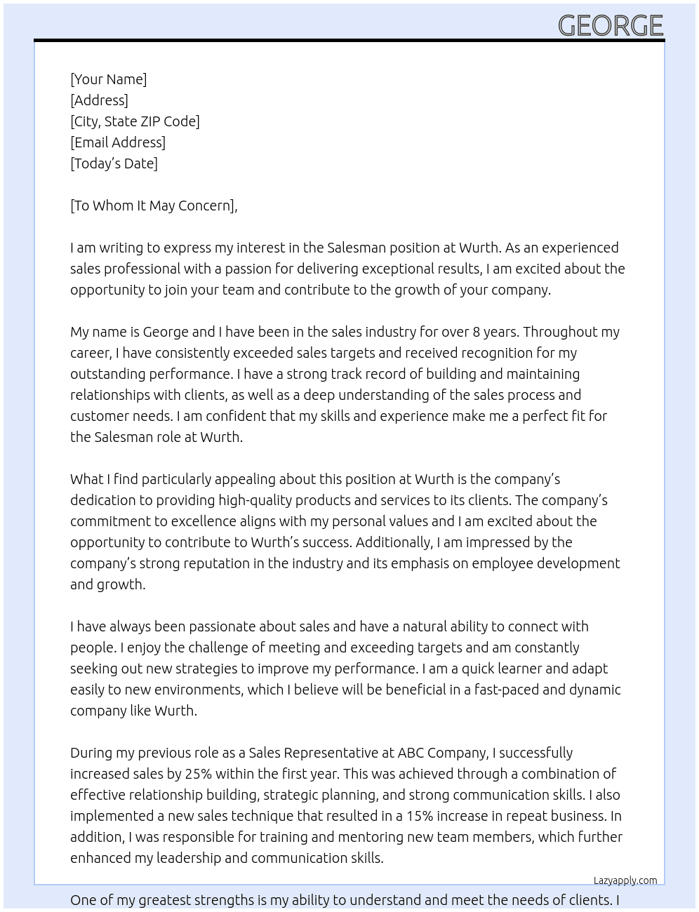 Salesman  At Wurth Cover Letter
