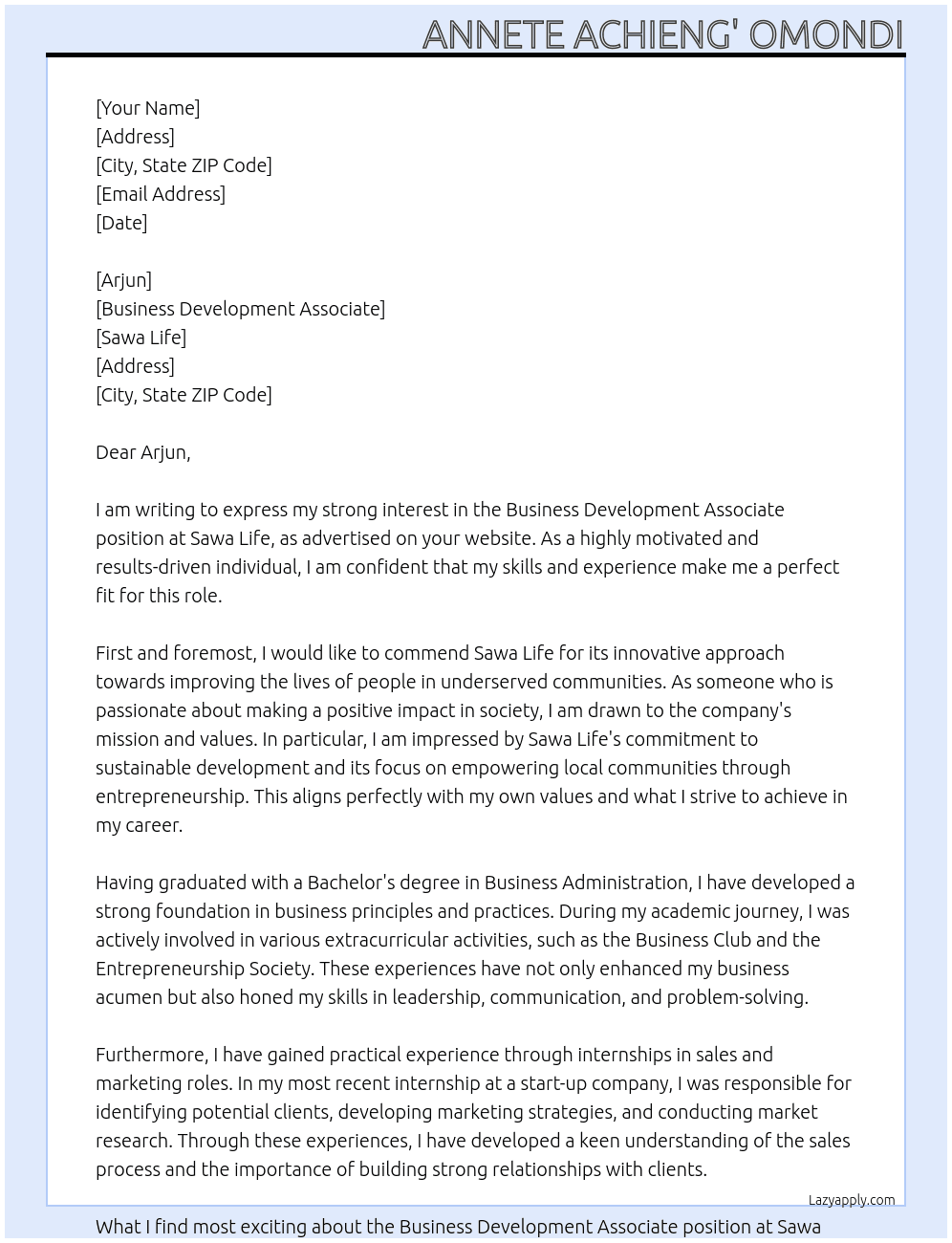 Business Development Associate  At Sawa Life Cover Letter