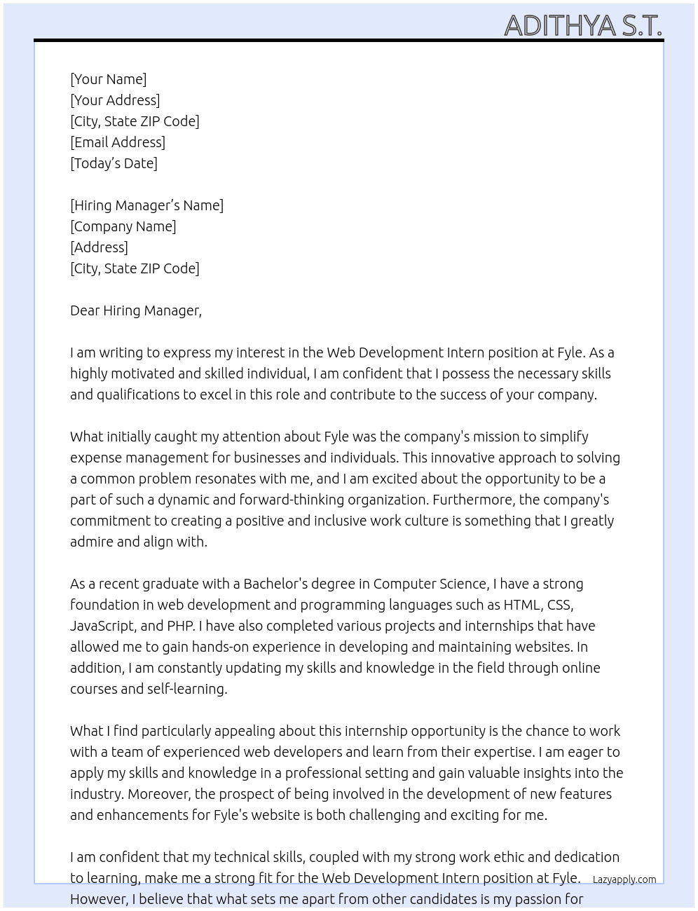 Web Development Intern At Fyle Cover Letter