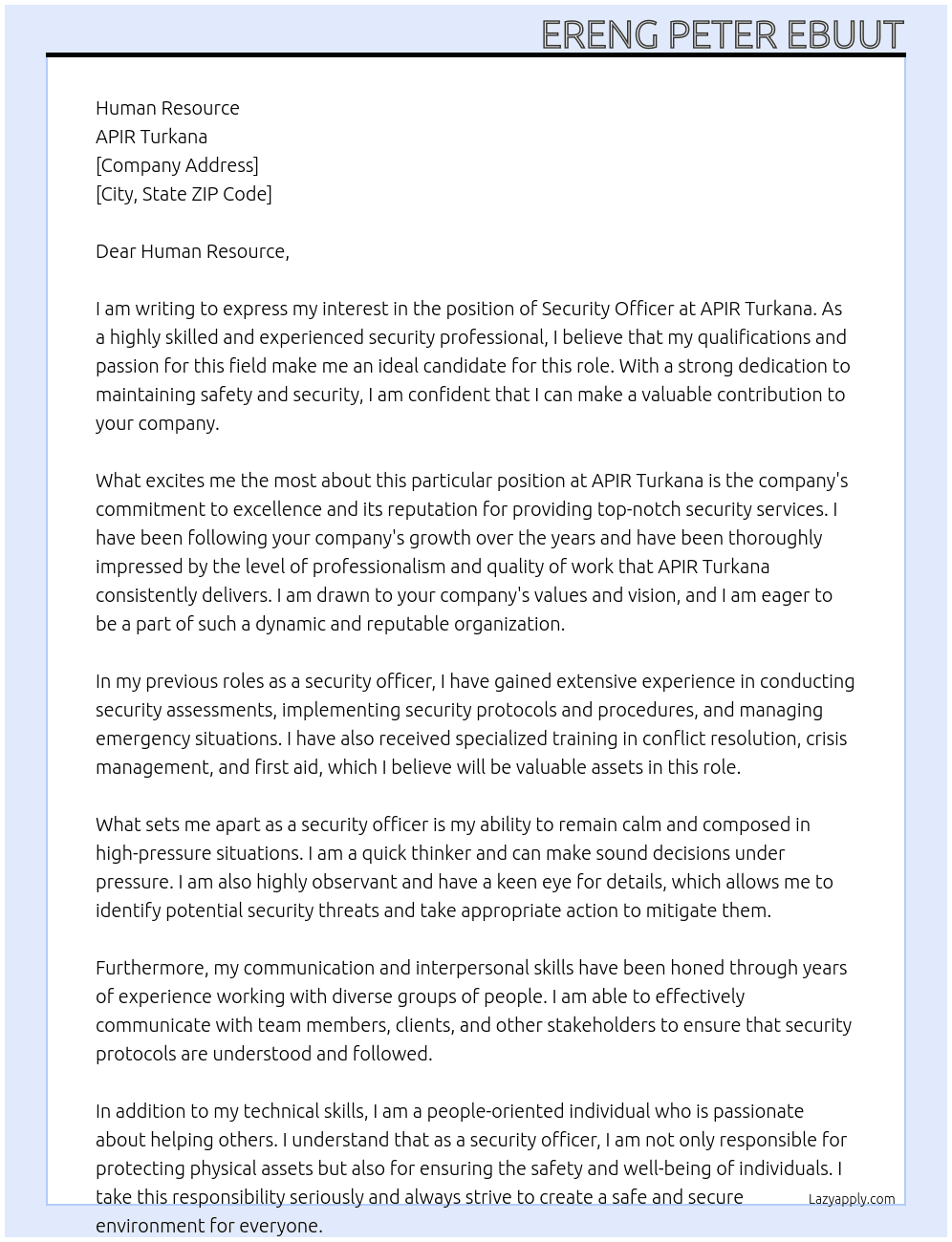 APPLICATION FOR SECURITY OFFICER At APIR TURKANA Cover Letter