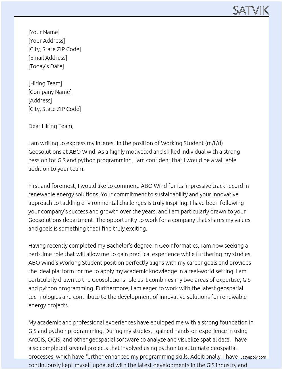 Working Student (m/f/d) Geosolutions At ABO Wind Cover Letter