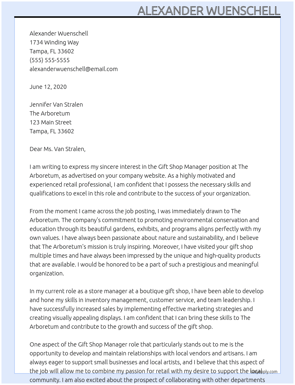 gift shop manager At The Arboretum Cover Letter
