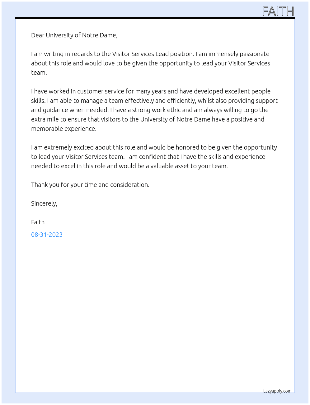 Visitor Services Lead At University of Notre Dame Cover Letter