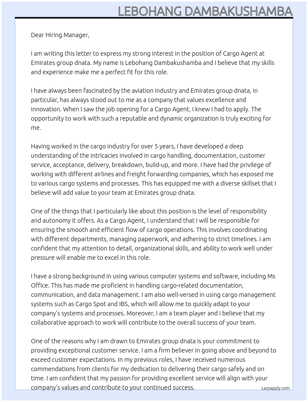Cargo Agent At Emirates group dnata Cover Letter