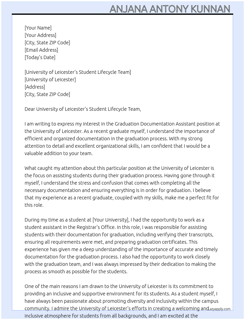 Graduation Documentation Assistant At University of Leicester Cover Letter